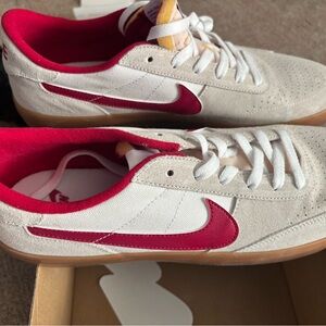 Nike White Suede Sneakers with Red Swoosh and Red Lining